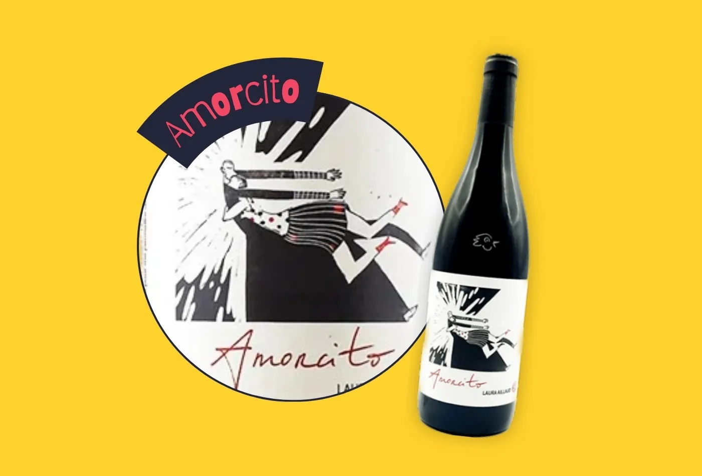 Bouteille de vin Amorcito de Laura Aillaud, avec un zoom sur l’étiquette illustrant la rencontre d’un couple.