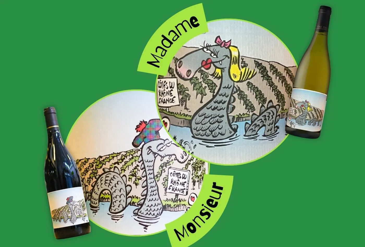 Bouteilles Loch Ness Monsieur et Loch Ness Madame du Domaine Barge, avec leurs étiquettes illustrant deux monstres du Loch Ness sur le Rhône.