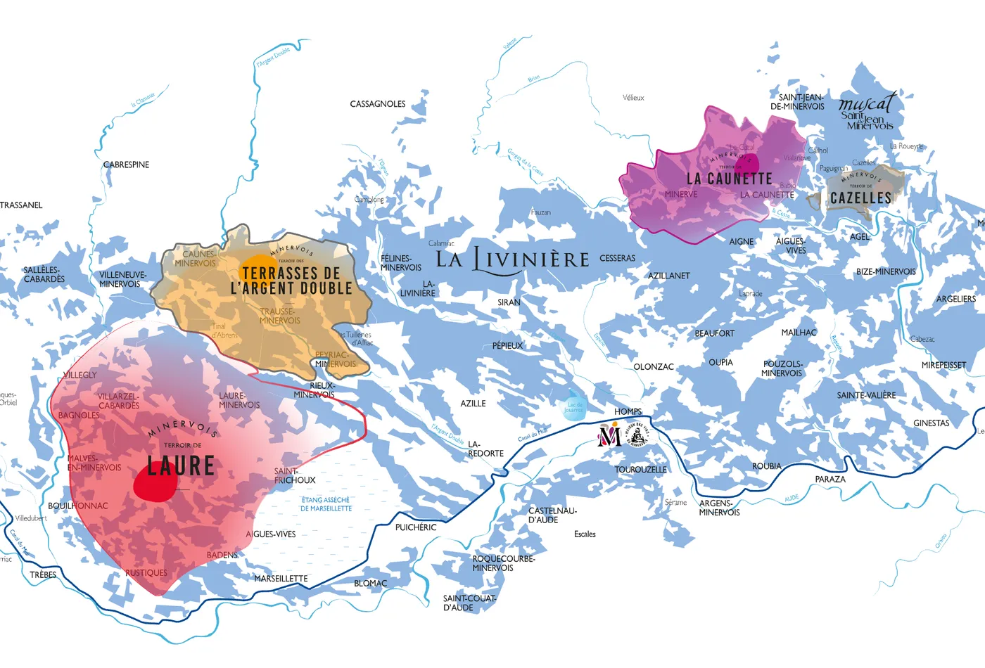 Carte des 4 terroirs de l'AOC Minervois